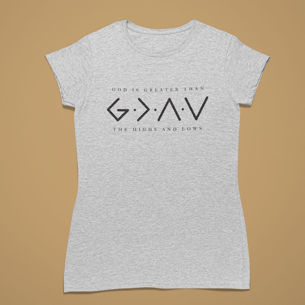 A light heather gray short-sleeve t-shirt with a black graphic print on the front reading 'G.N.