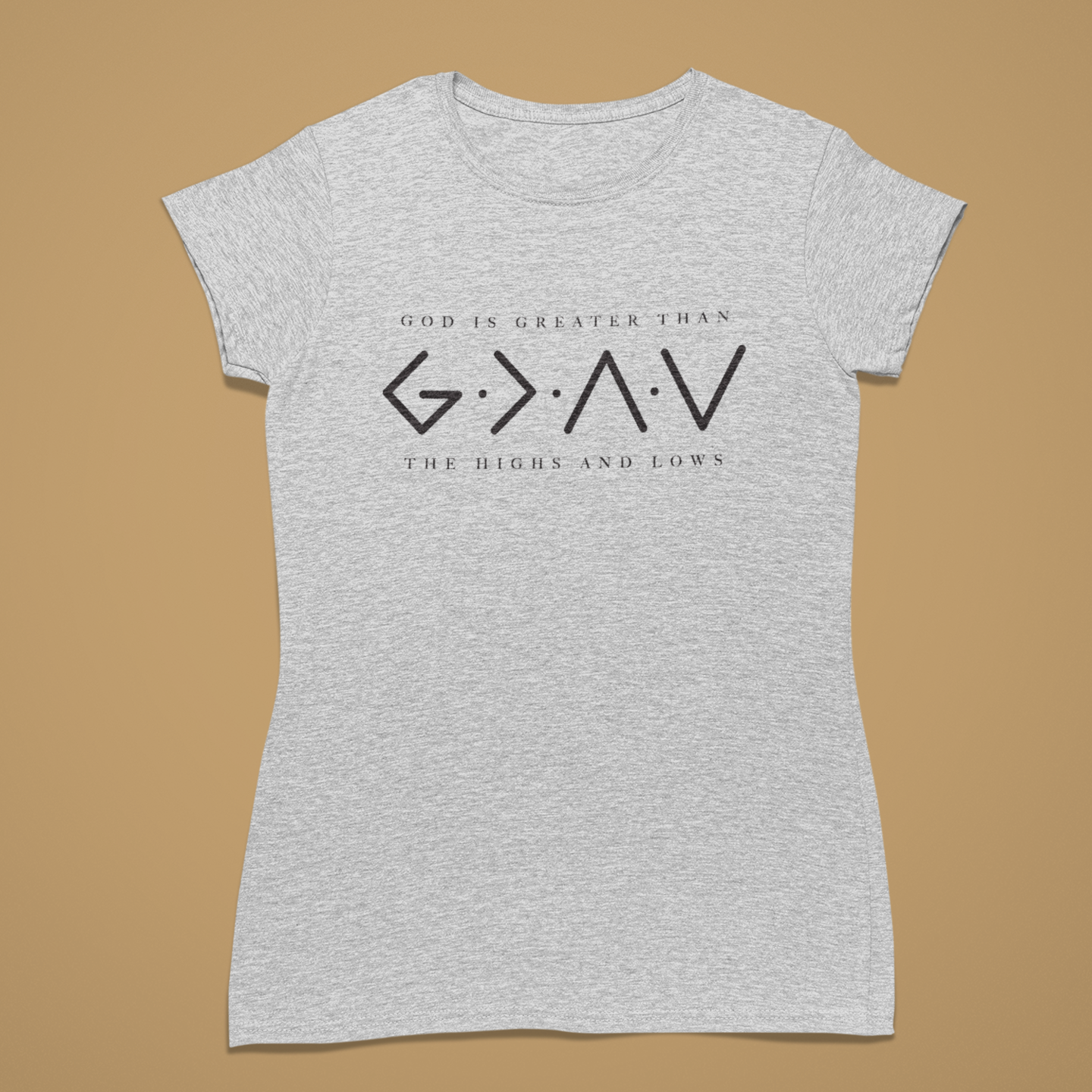 A light heather gray short-sleeve t-shirt with a black graphic print on the front reading 'G.N.