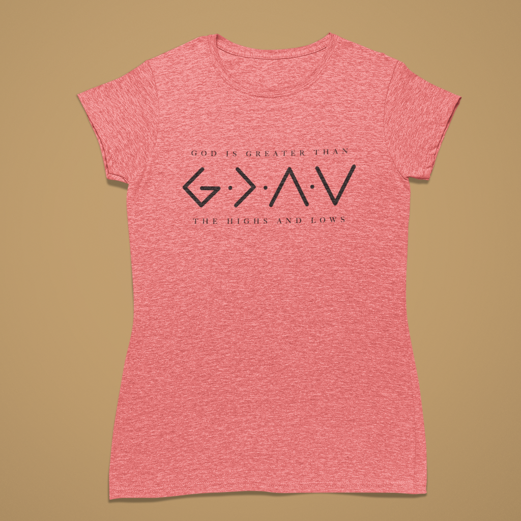 A heather pink short-sleeve t-shirt with a black graphic print on the front reading 'G.N.