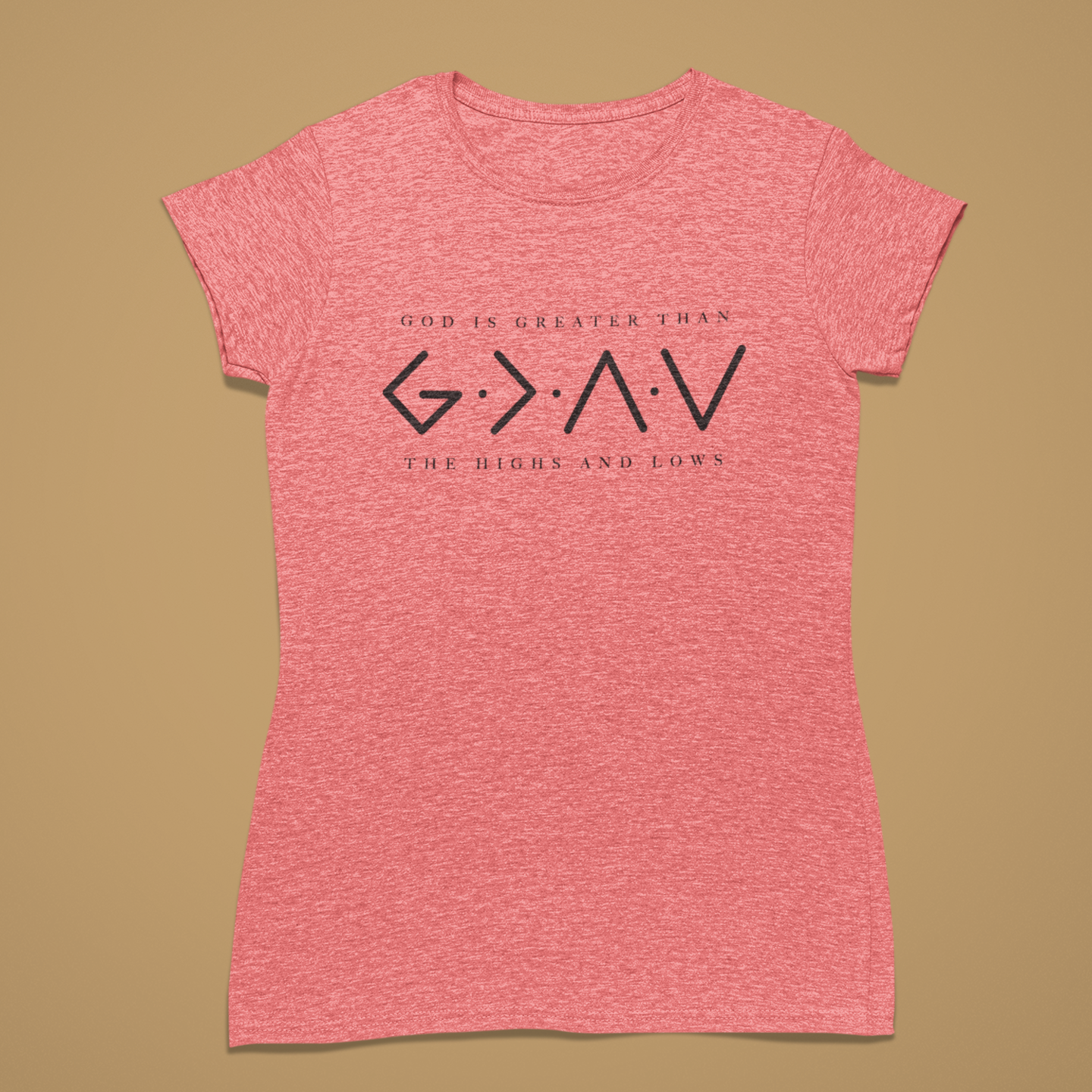 A heather pink short-sleeve t-shirt with a black graphic print on the front reading 'G.N.