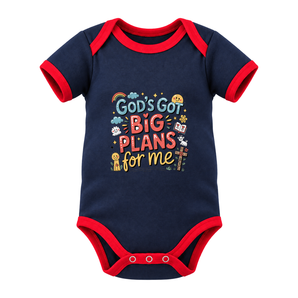 God’s Got Big Plans For Me baby grow, Navy with Red Trim