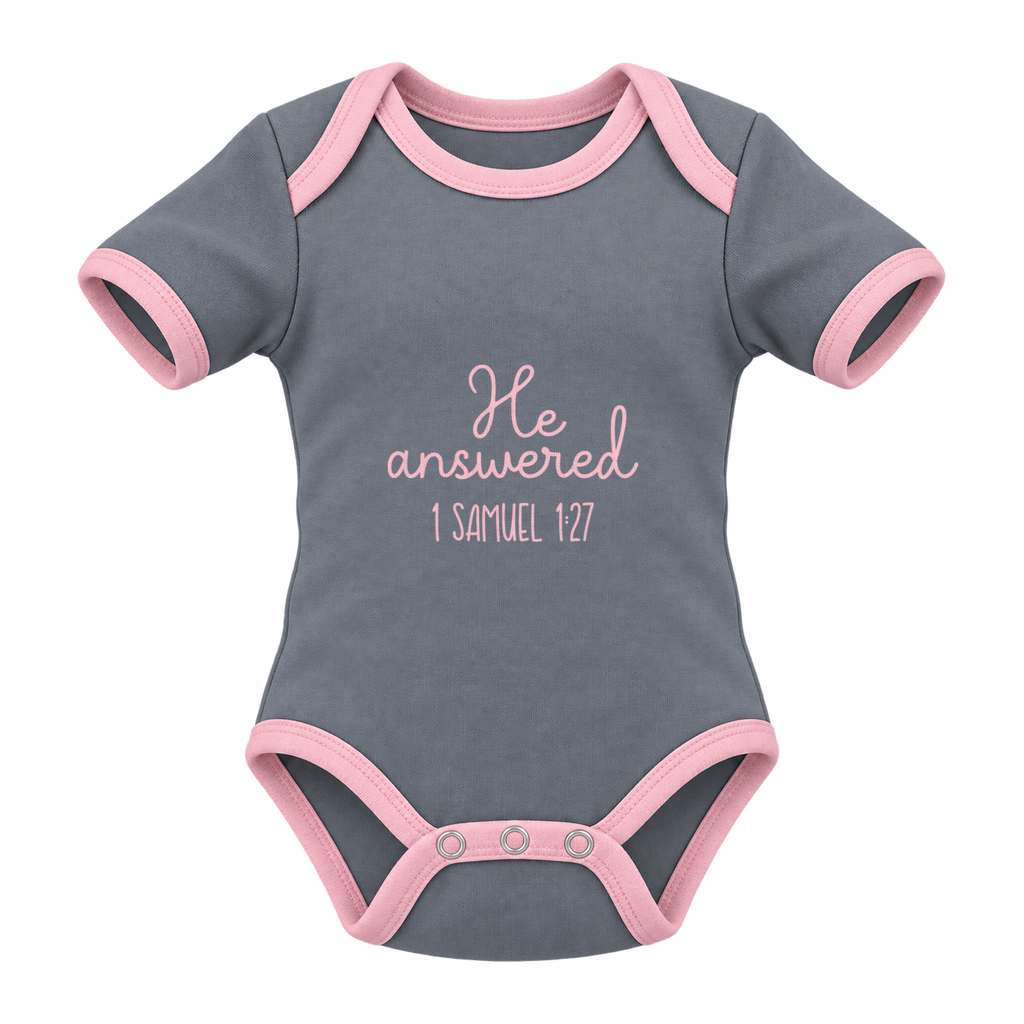 He Answered baby grow, Grey and Pink