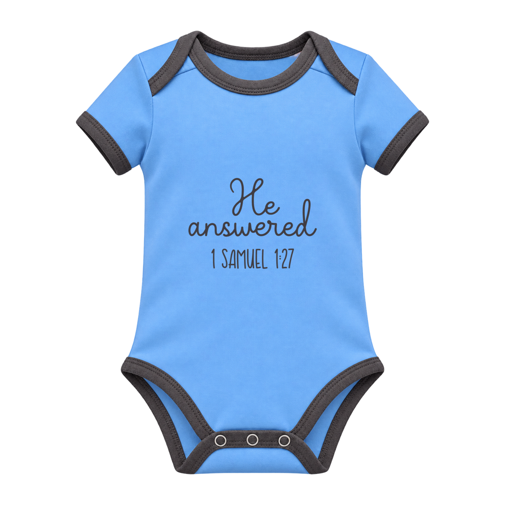 He Answered baby grow, Light Blue and Charcoal