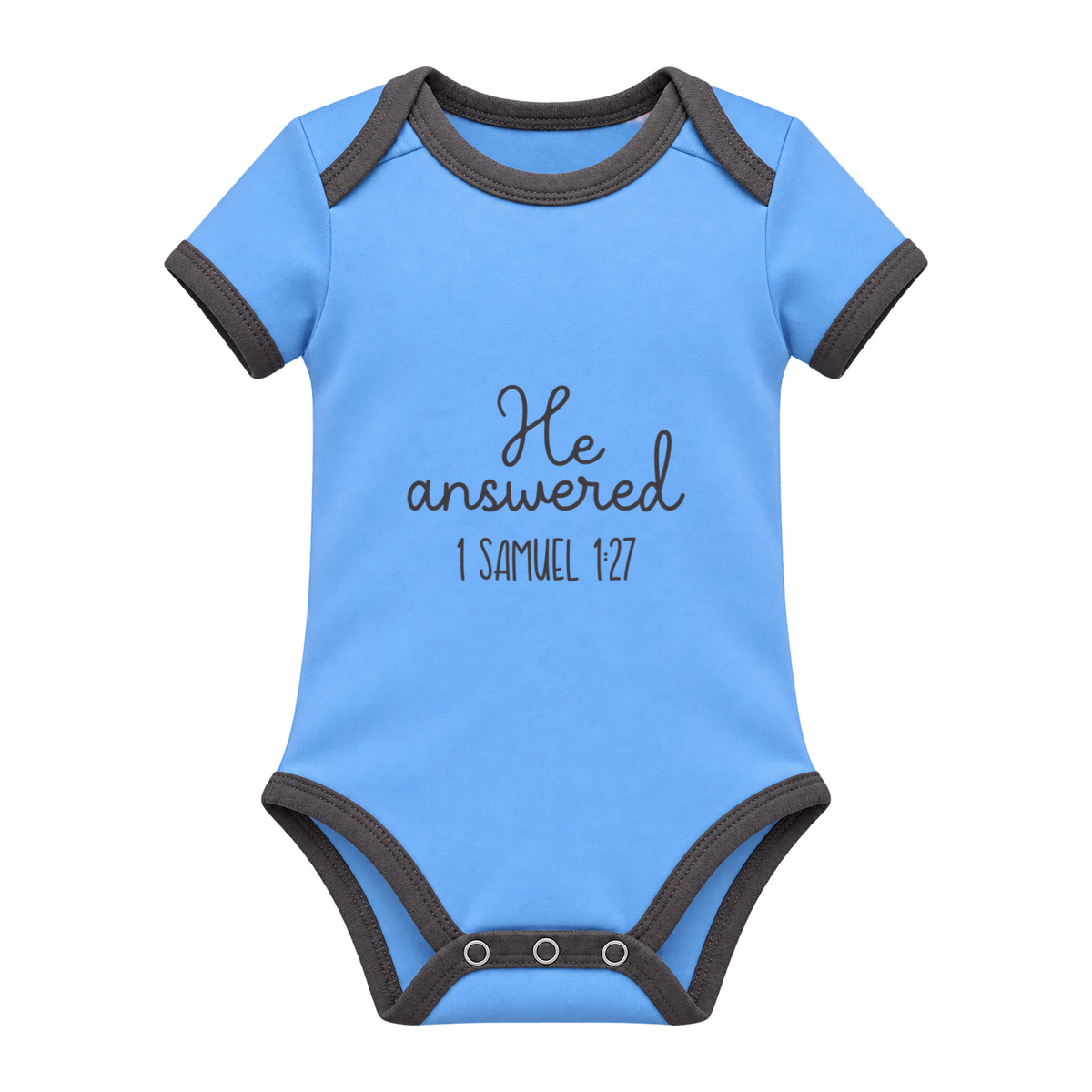 He Answered baby grow, Light Blue and Charcoal