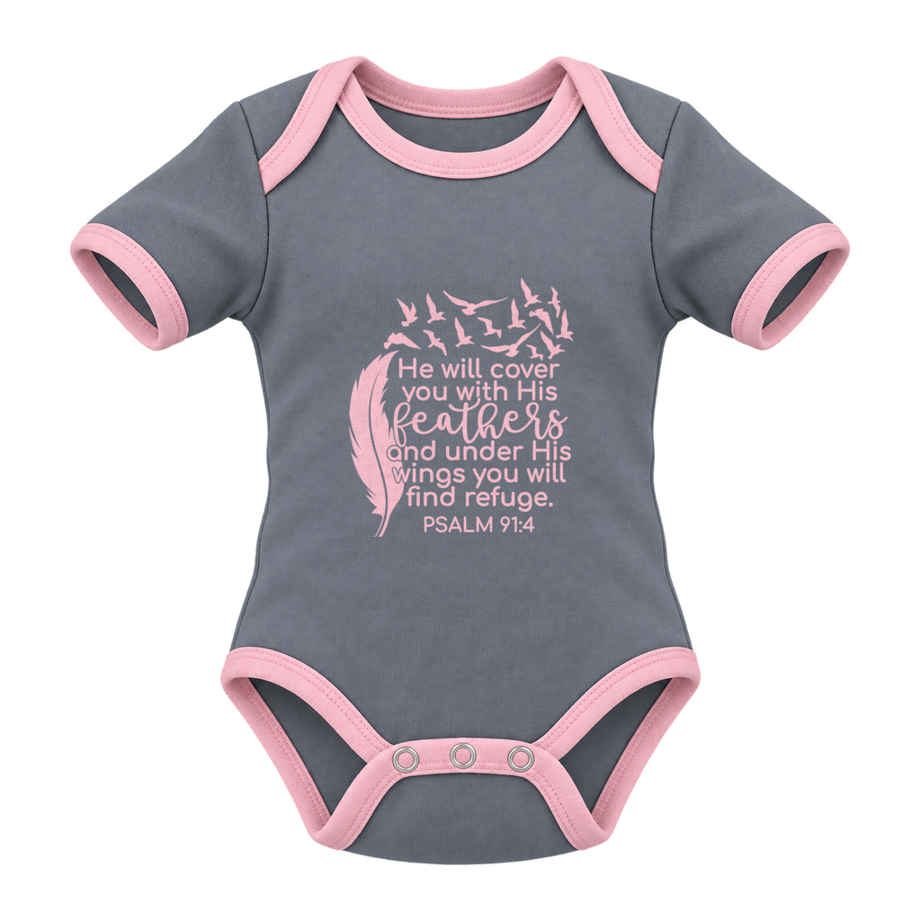 He Will Cover You – Psalm 91:4 baby grow, Grey and Pink