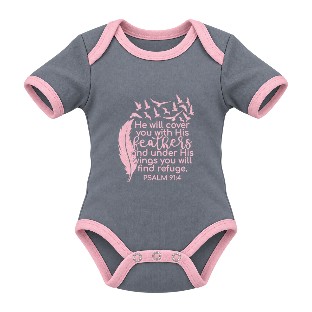 He Will Cover You – Psalm 91:4 baby grow, Grey and Pink