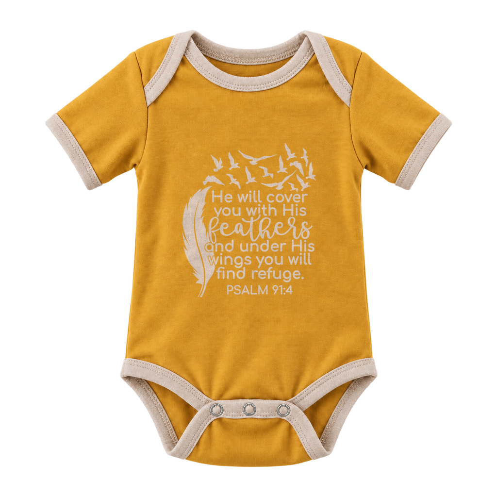 He Will Cover You – Psalm 91:4 baby grow, Mustard