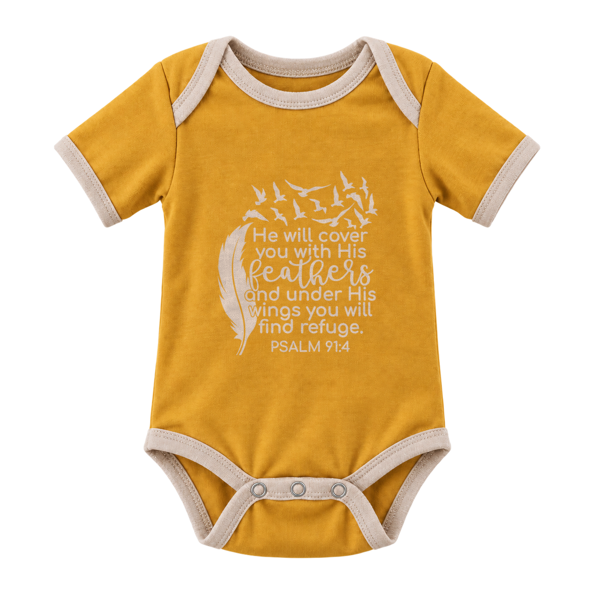 He Will Cover You – Psalm 91:4 baby grow, Mustard
