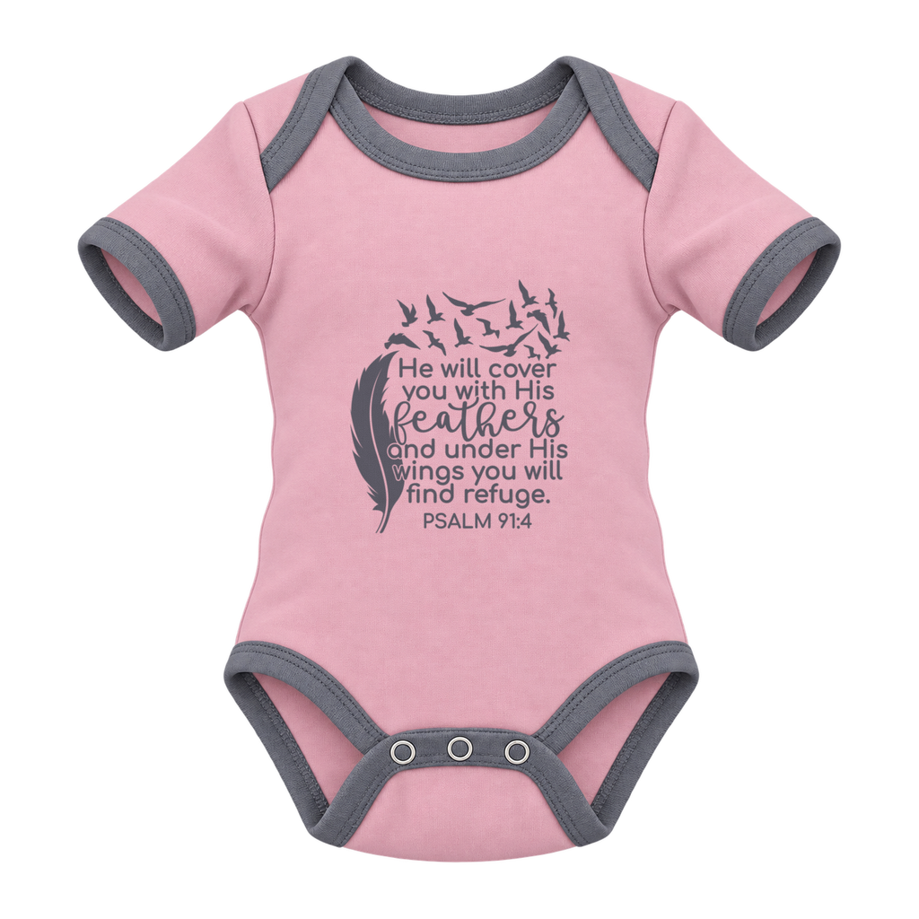 He Will Cover You – Psalm 91:4 baby grow, Pink and Grey