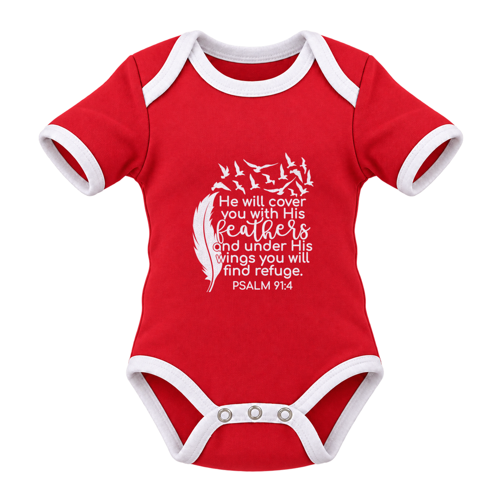 He Will Cover You – Psalm 91:4 baby grow, Red and White