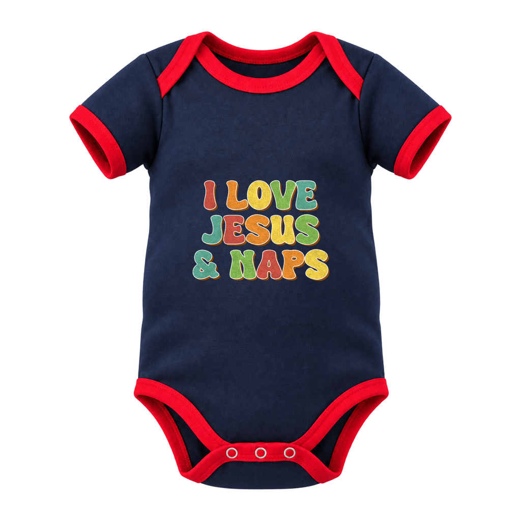I Love Jesus & Naps baby grow, Navy with Red Trim