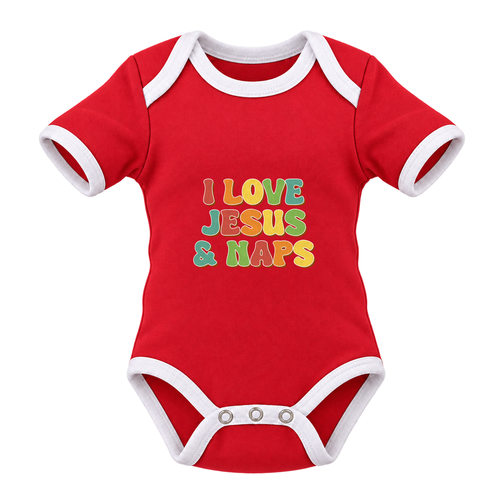I Love Jesus & Naps baby grow, Red and White
