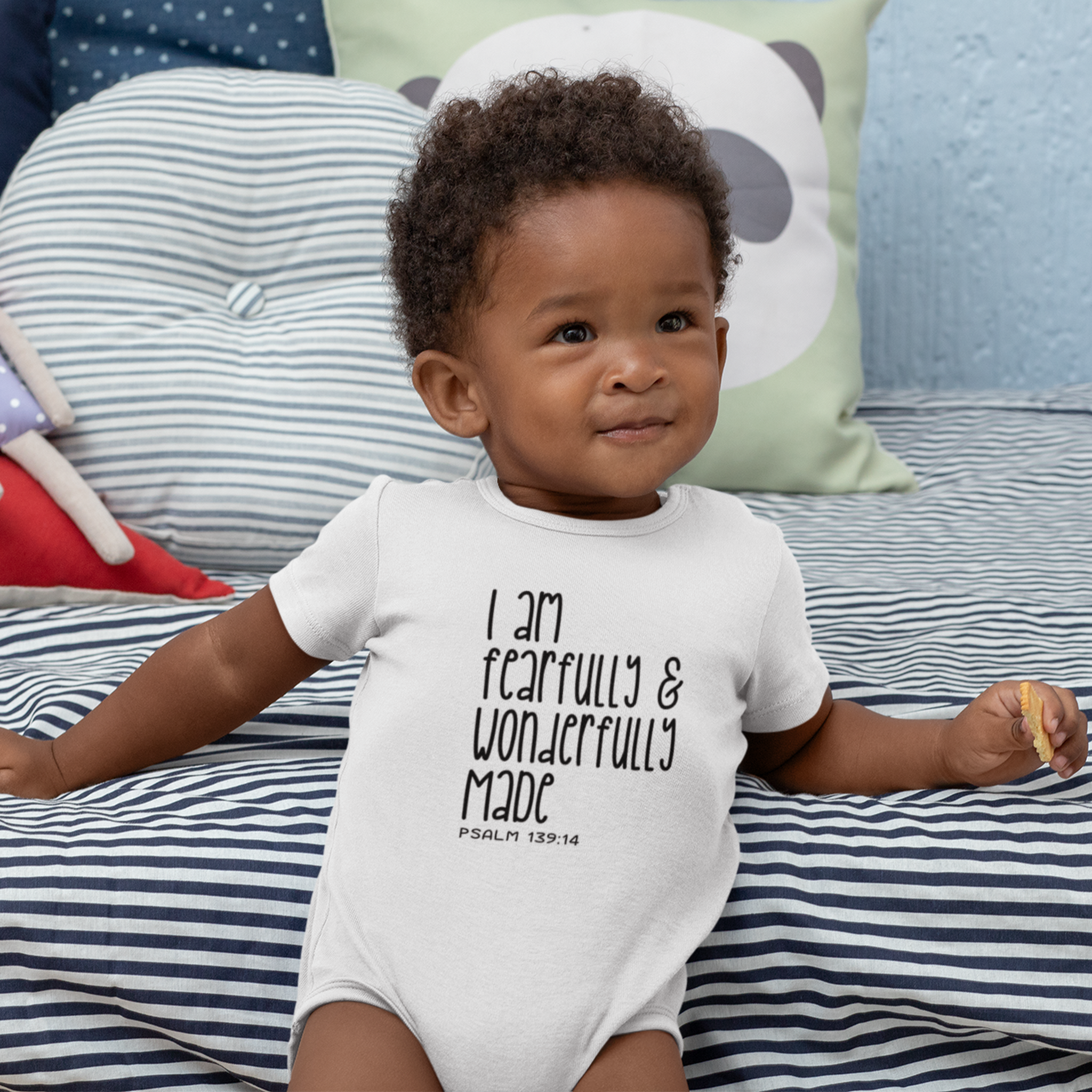 I Am Fearfully & Wonderfully Made baby grow long sleeve, worn