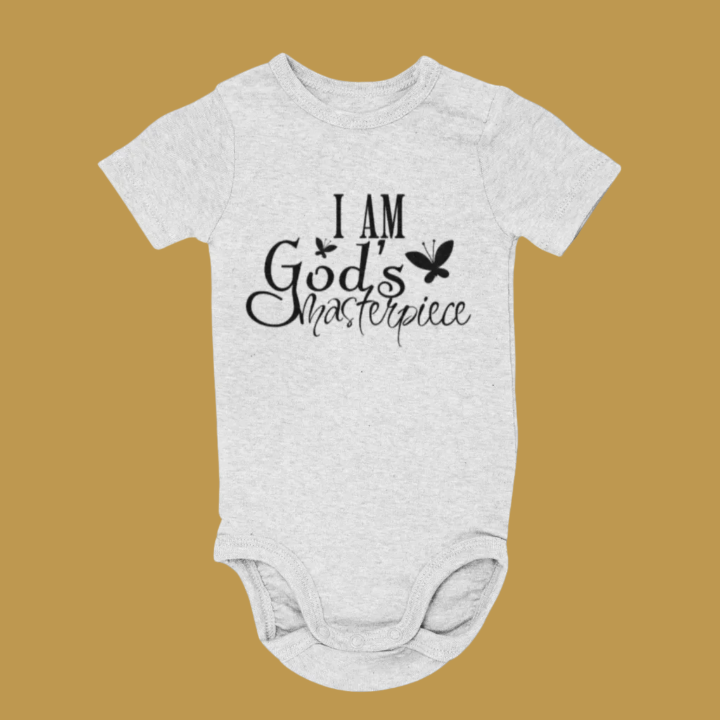 Light grey melange short sleeve baby grow printed with I Am God's Masterpiece and butterflies, laid flat.
