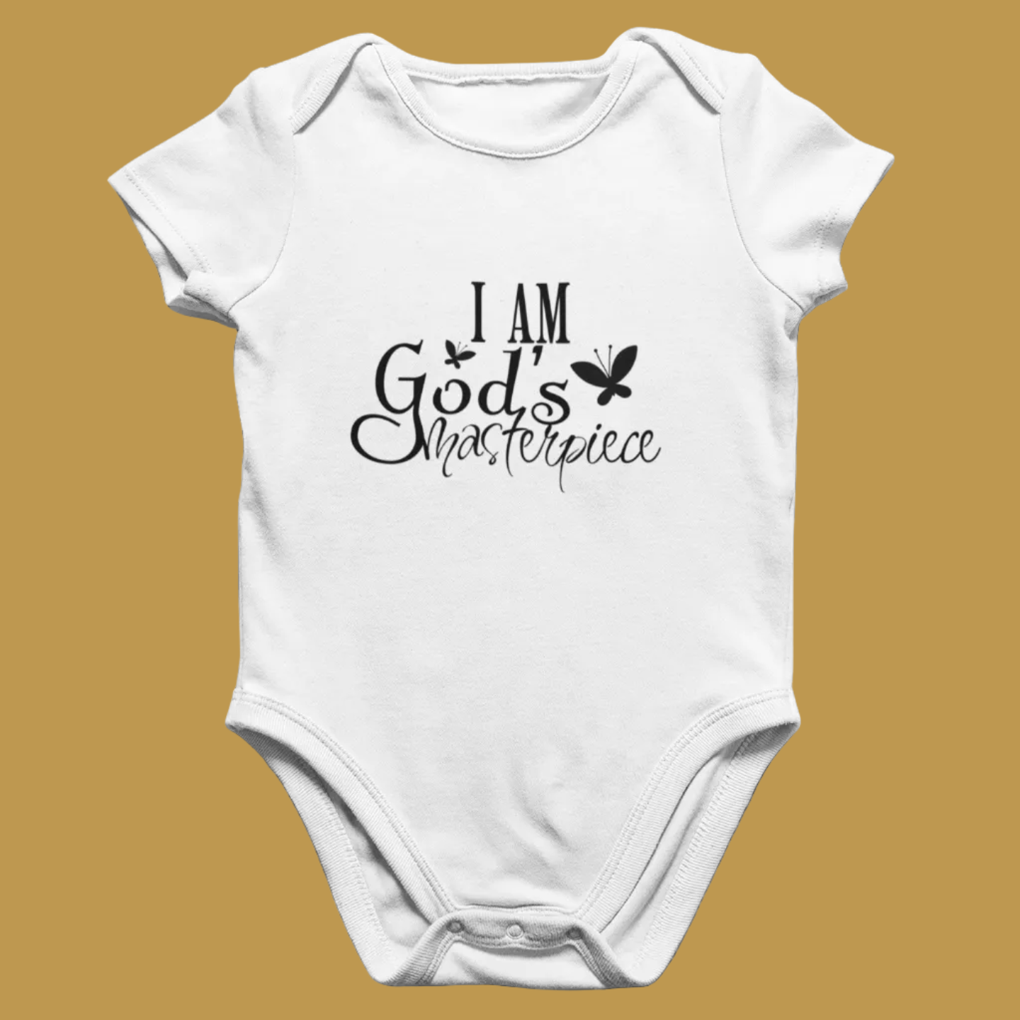 White short sleeve baby grow printed with I Am God's Masterpiece and butterflies, laid flat.