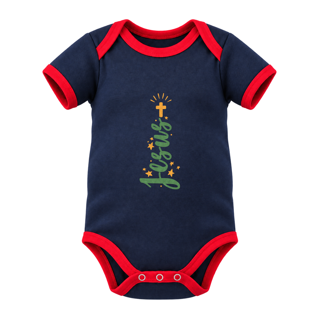 Jesus Tree baby grow, Navy with Red Trim