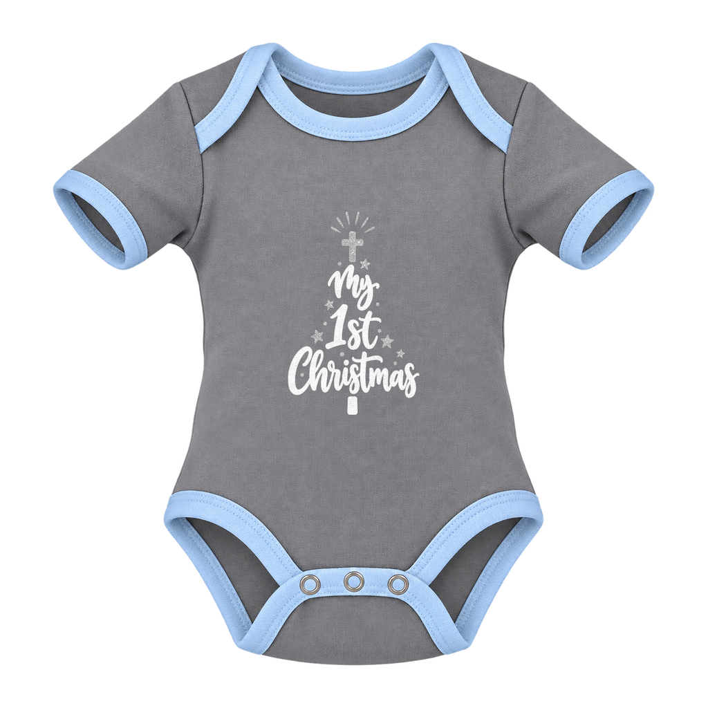 My 1st Christmas Starlight Tree baby grow, Grey and Blue