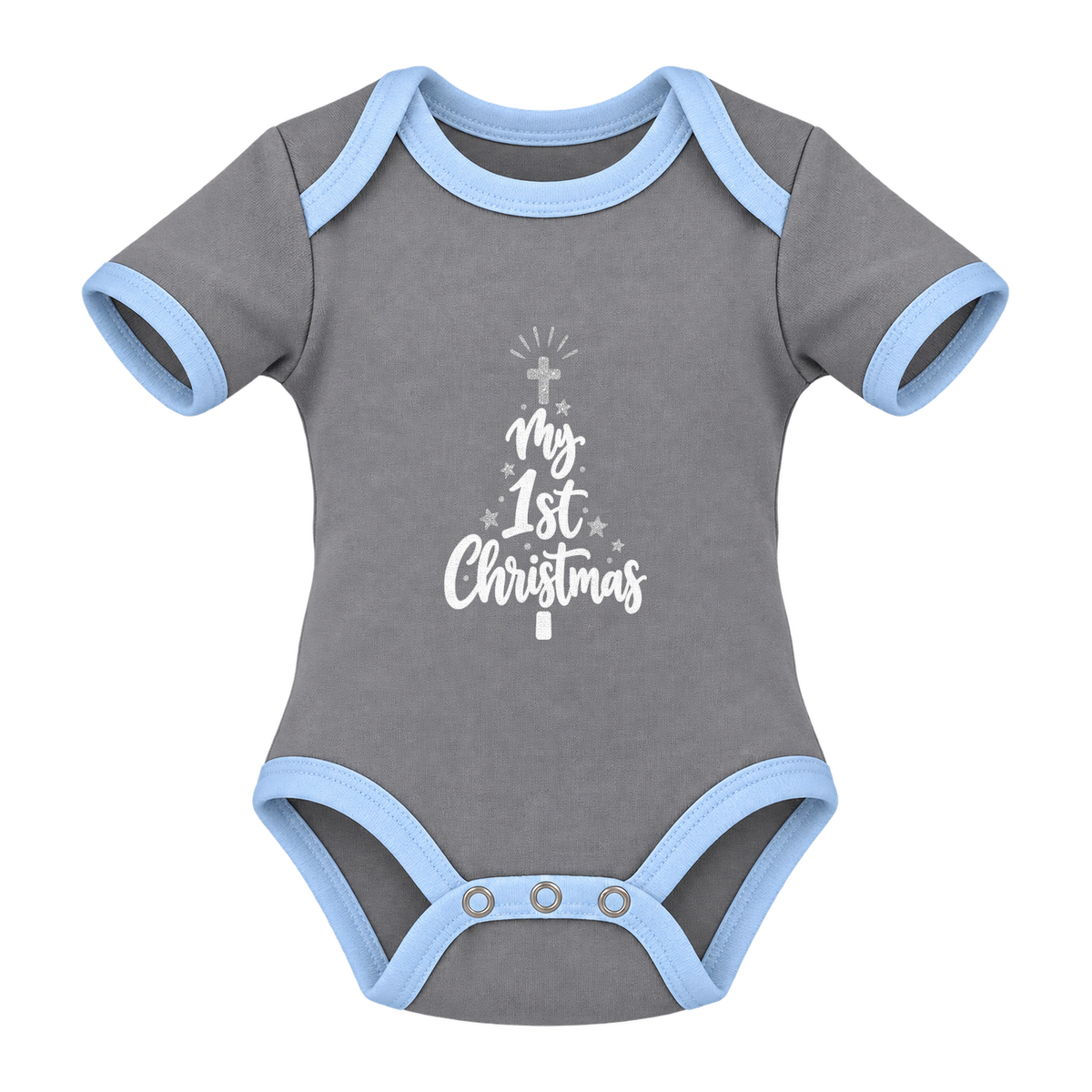 My 1st Christmas Starlight Tree baby grow, Grey and Blue