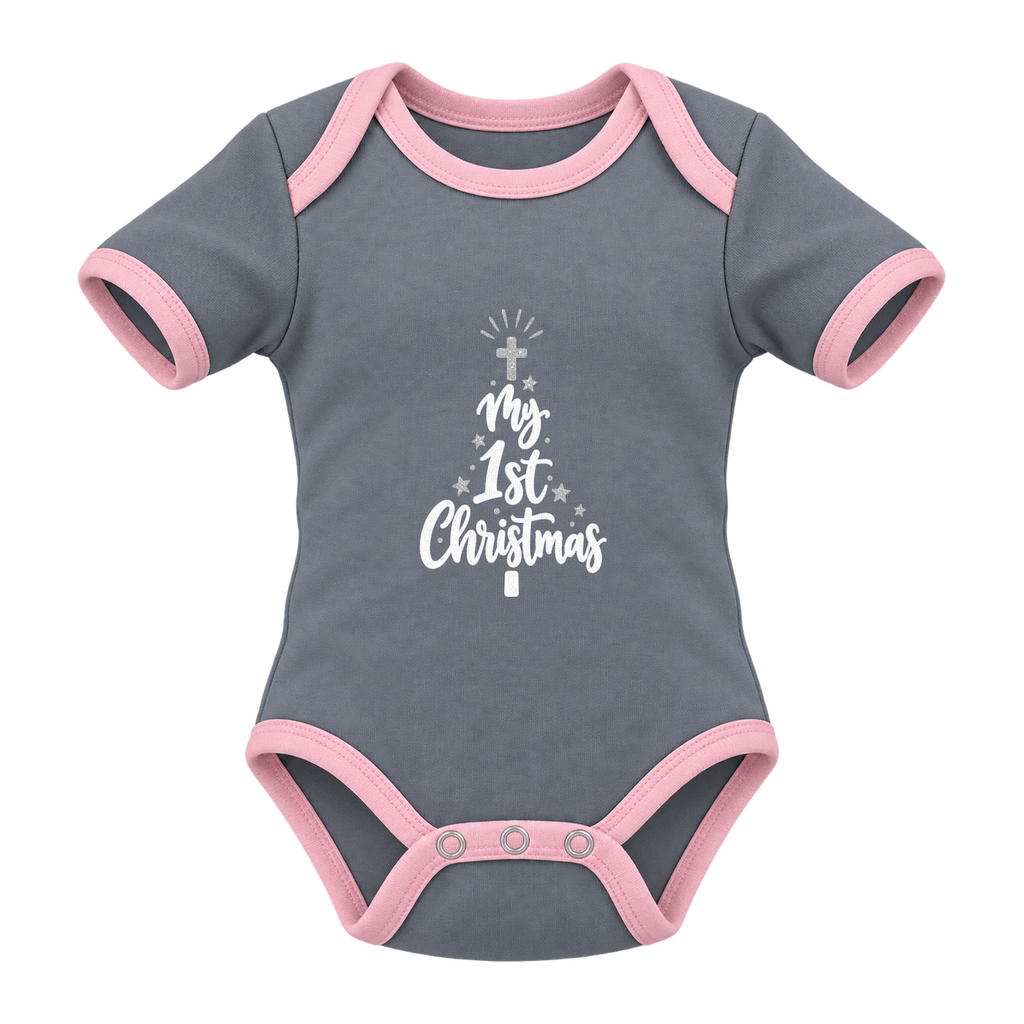 My 1st Christmas Starlight Tree baby grow, Grey and Pink