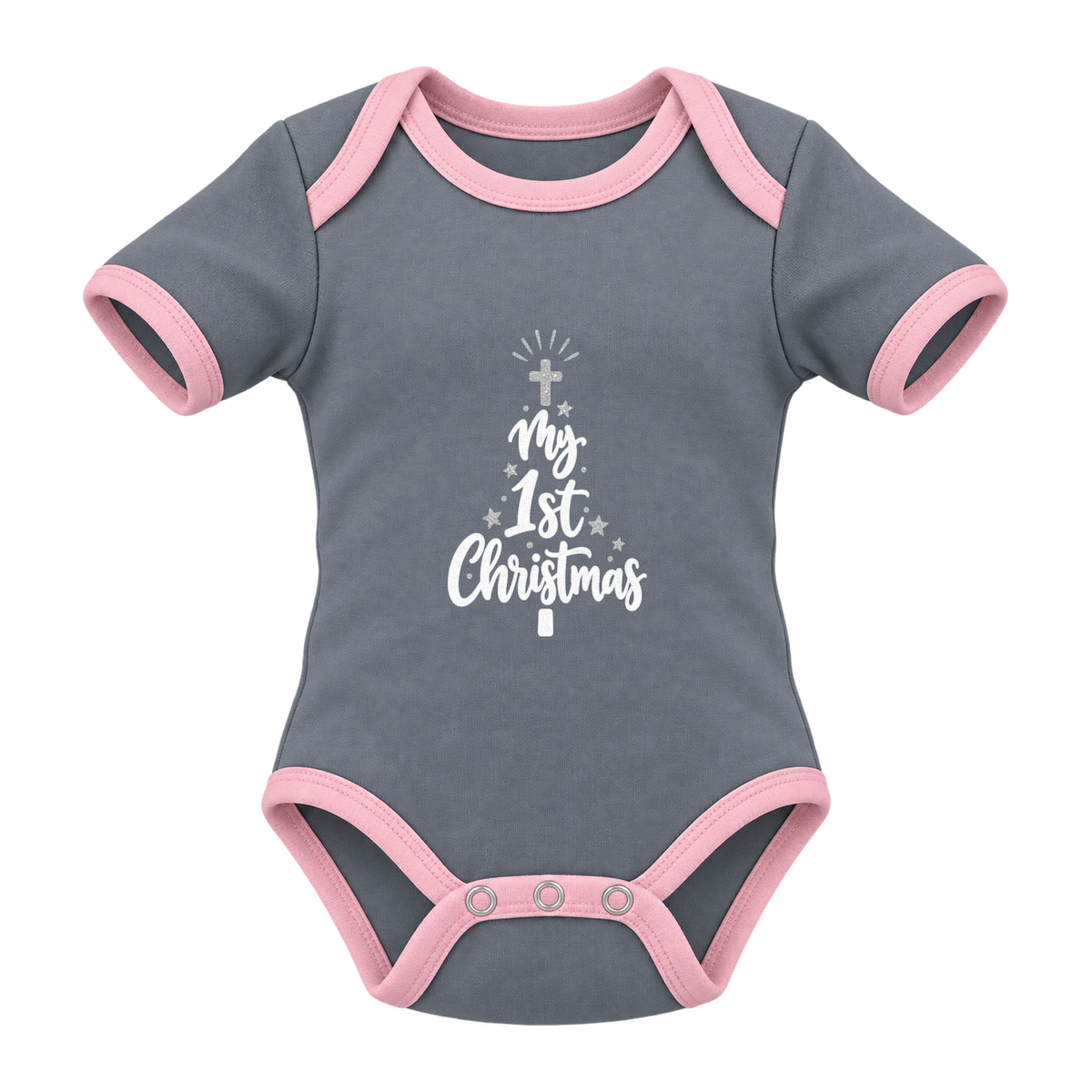 My 1st Christmas Starlight Tree baby grow, Grey and Pink