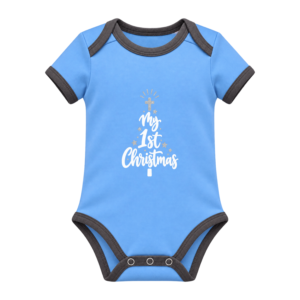 My 1st Christmas Starlight Tree baby grow, Light Blue and Charcoal