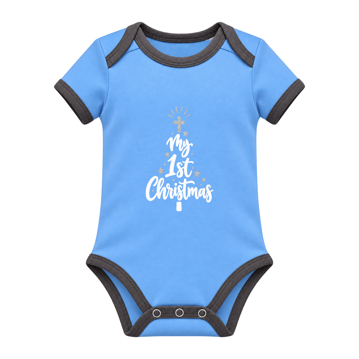 My 1st Christmas Starlight Tree baby grow, Light Blue and Charcoal