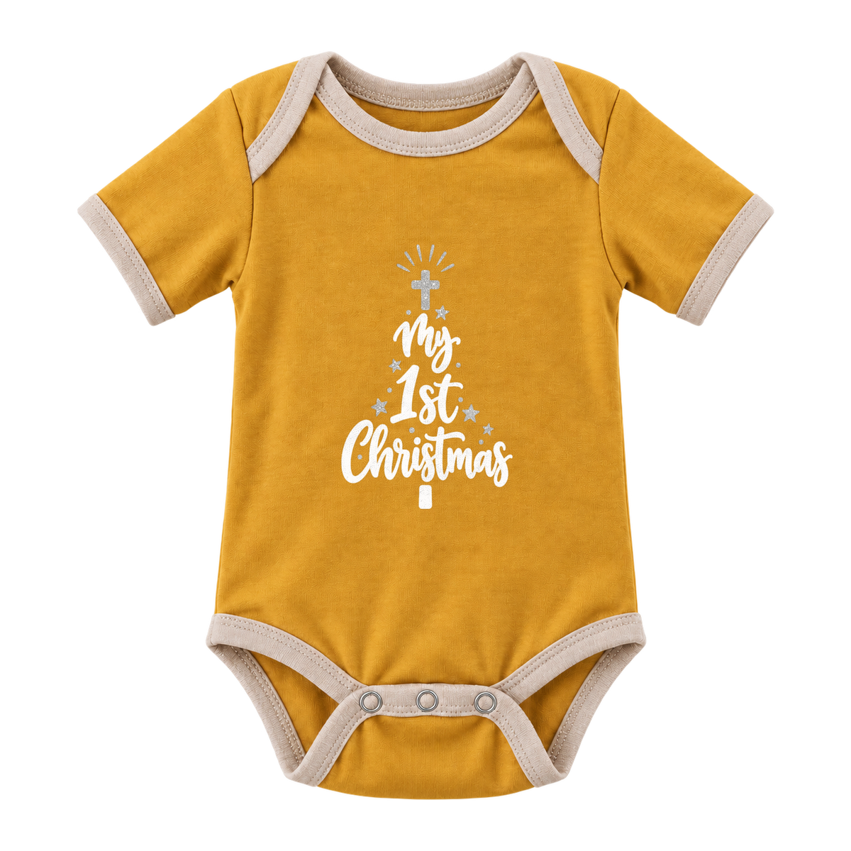 My 1st Christmas Starlight Tree baby grow, Mustard