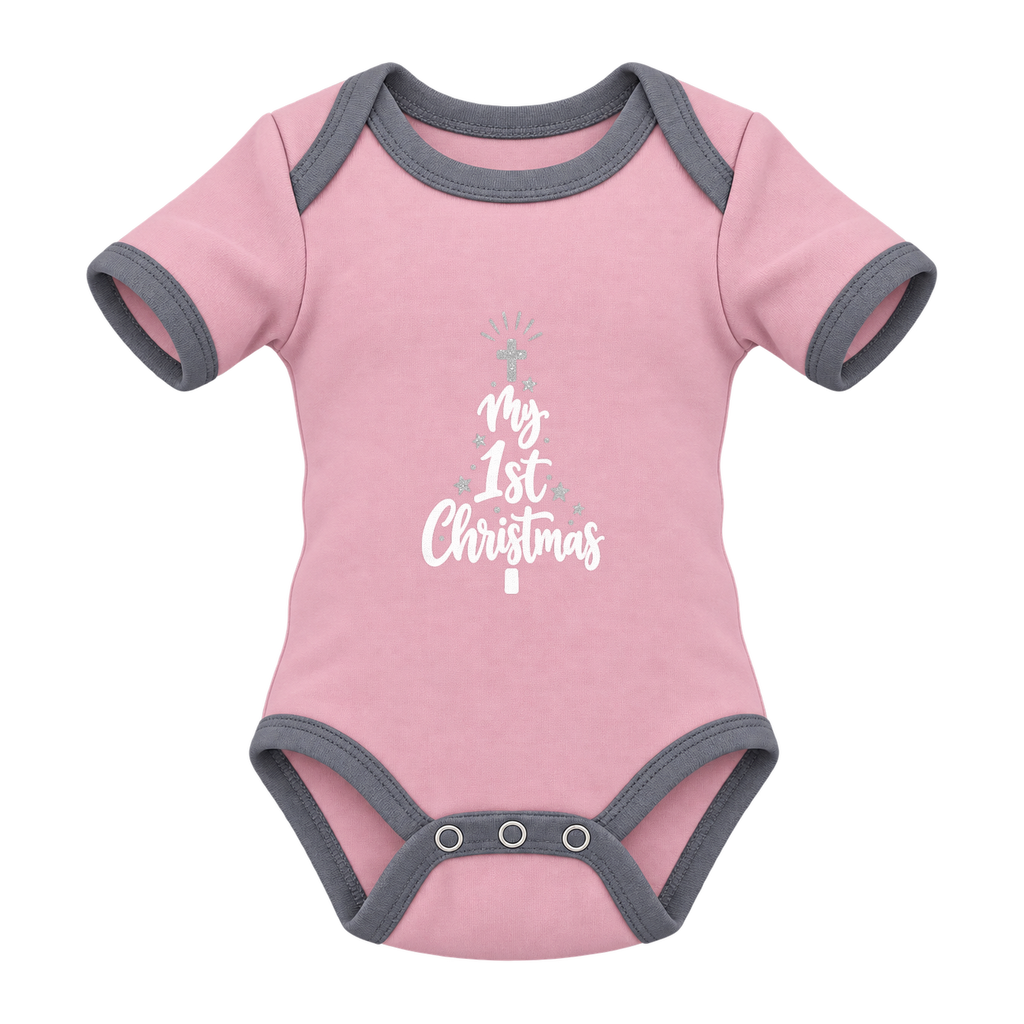 My 1st Christmas Starlight Tree baby grow, Pink and Grey