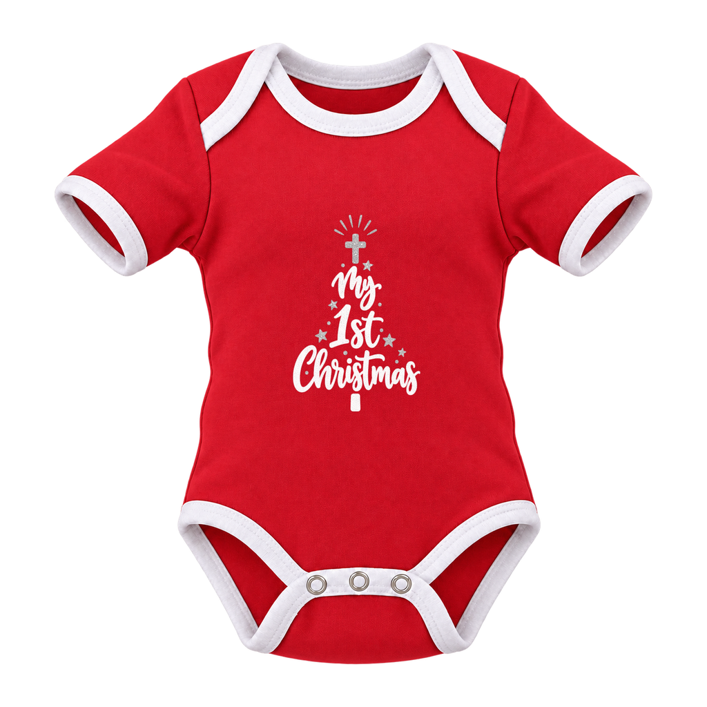 My 1st Christmas Starlight Tree baby grow, Red and White