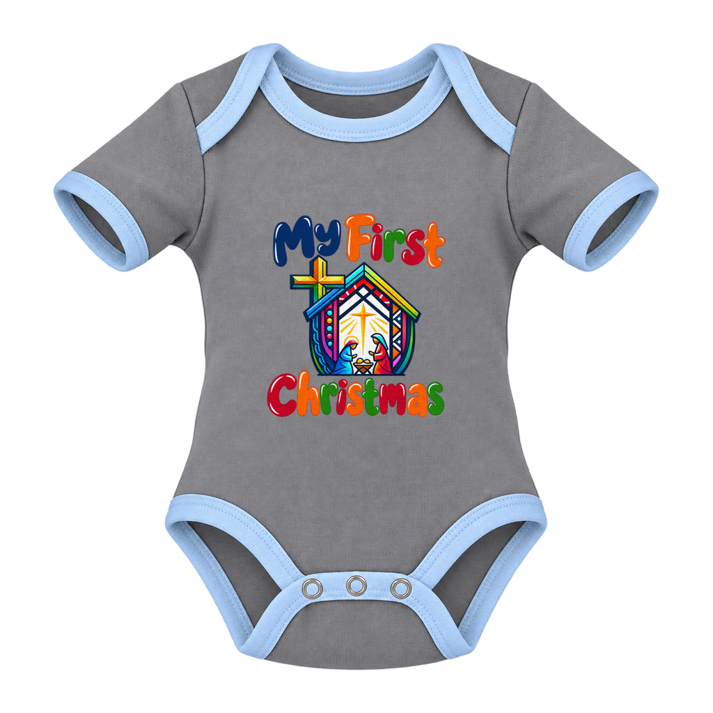 My First Christmas Nativity baby grow, Grey and Blue