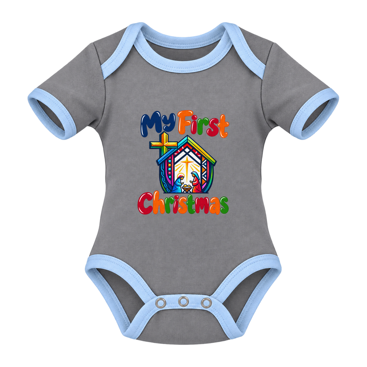 My First Christmas Nativity baby grow, Grey and Blue