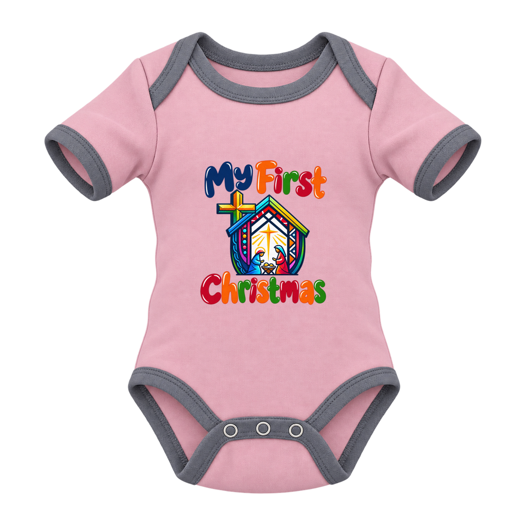 My First Christmas Nativity baby grow, Pink and Grey