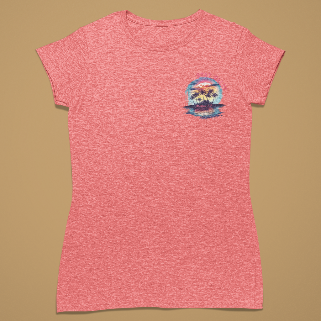 A women's short-sleeve crewneck t-shirt in heathered coral pink, featuring a small circular graphic on the left chest depicting a tropical beach scene with palm trees and a sunset. The shirt is displayed flat against a solid tan background.