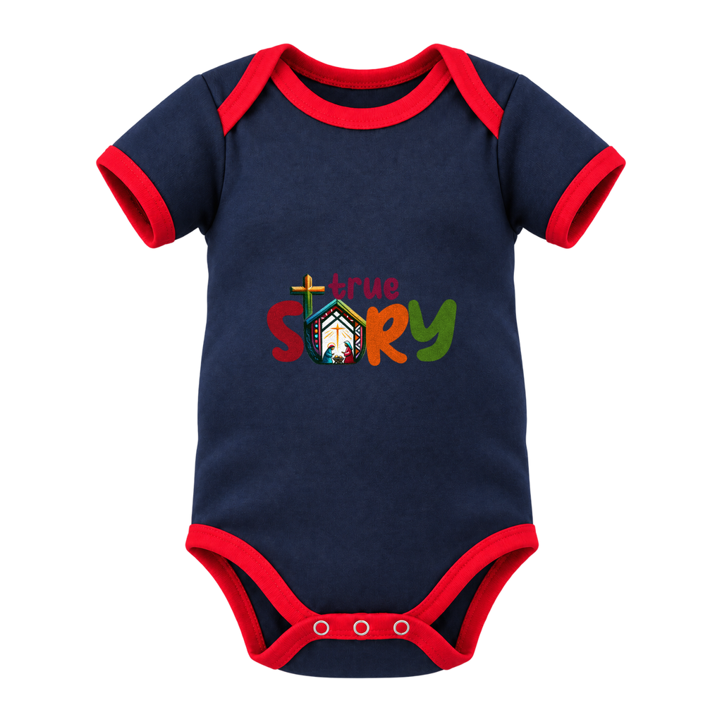 True Story baby grow, Navy with Red Trim