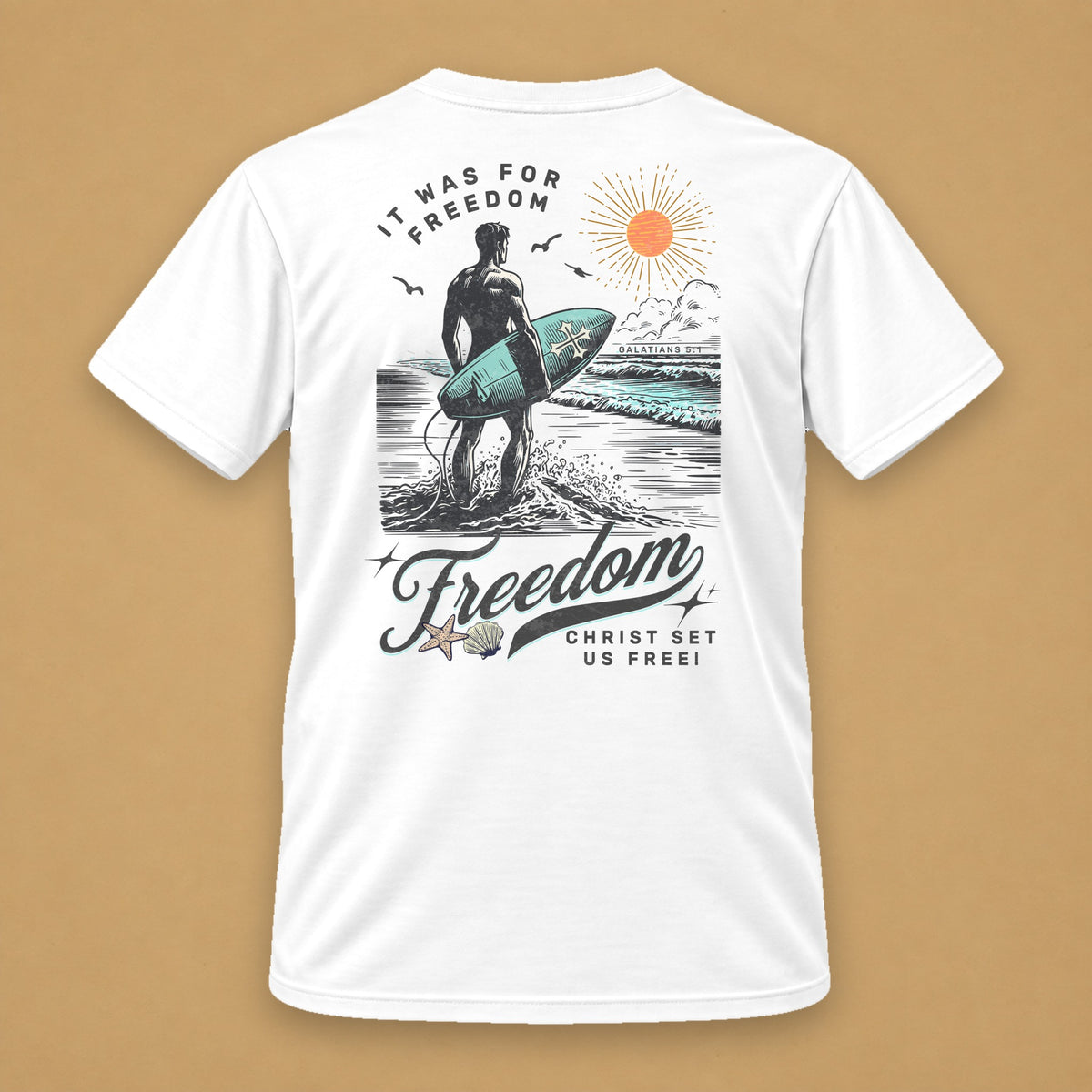 Surfer & Shell Men's Tee – White – back