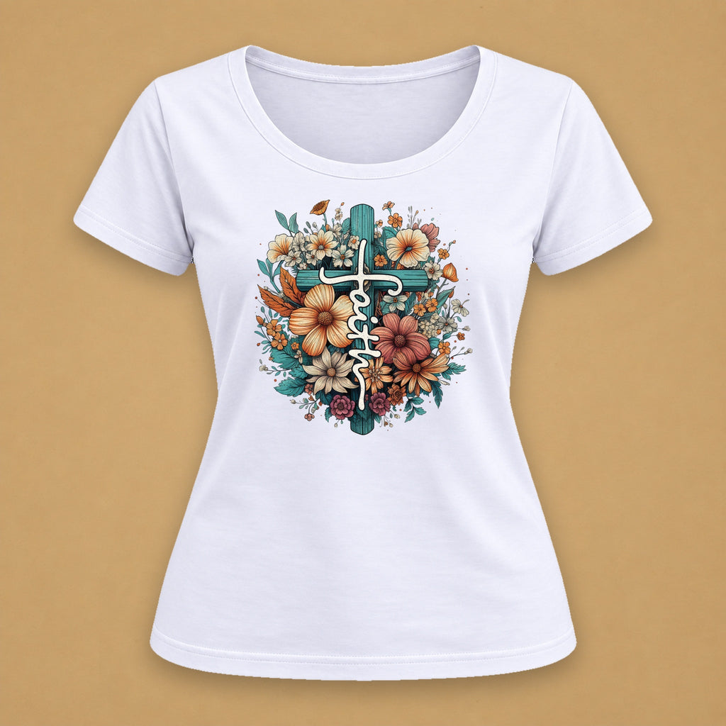 Faith Floral Cross Fitted Tee – Solid White