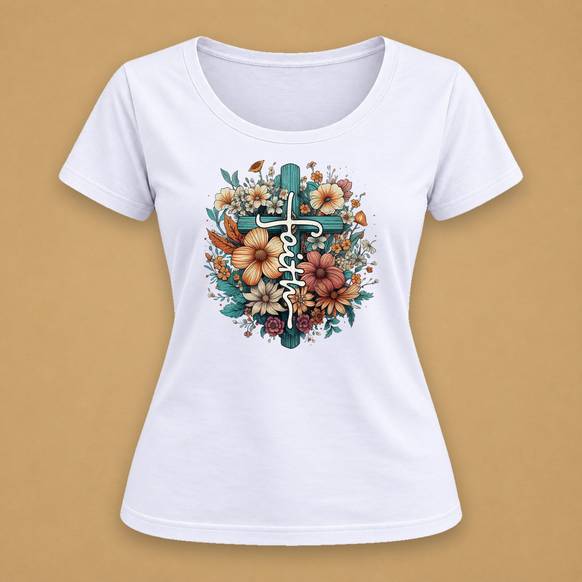 Faith Floral Cross Fitted Tee – Solid White