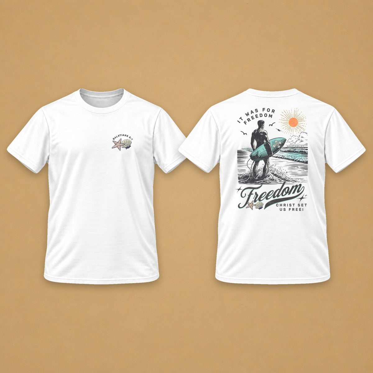 Surfer & Shell Men's Tee – White – front and back