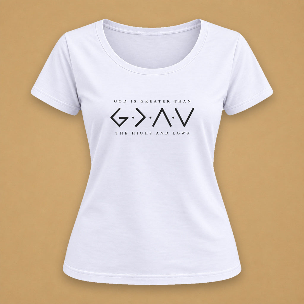 God Is Greater Fitted Tee – White, black print