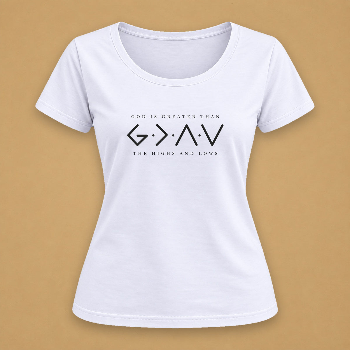 God Is Greater Fitted Tee – White, black print