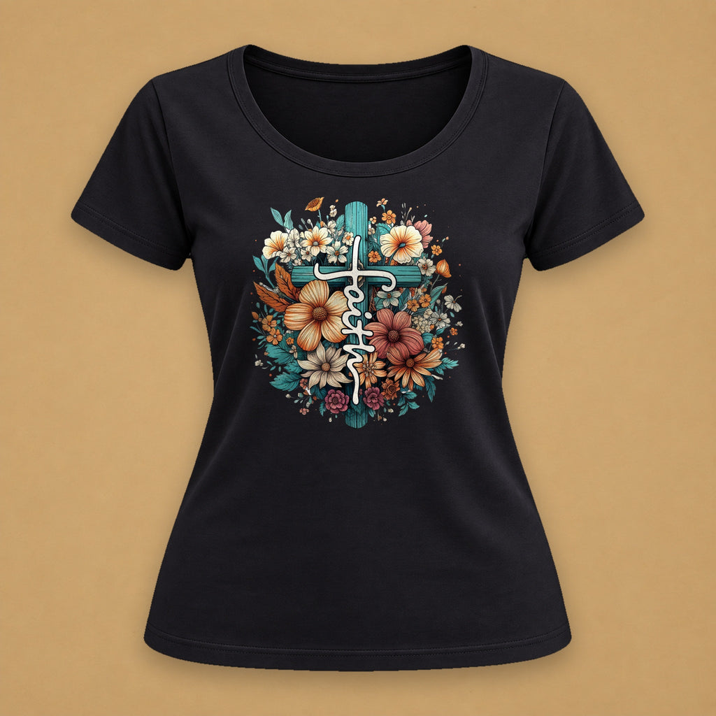 Faith Floral Cross Fitted Tee – Black