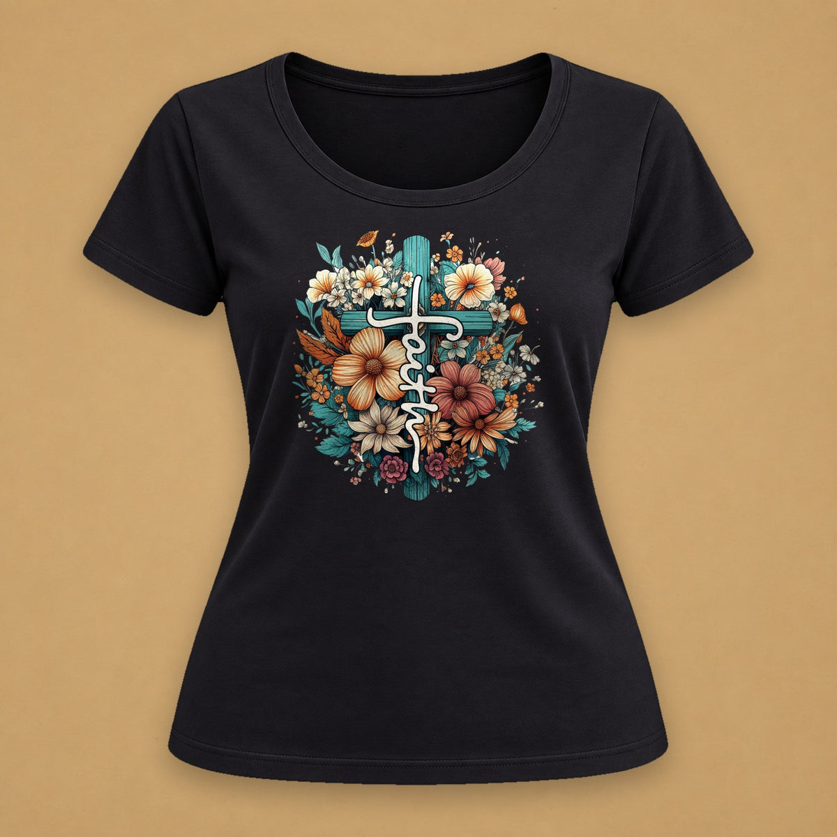Faith Floral Cross Fitted Tee – Black