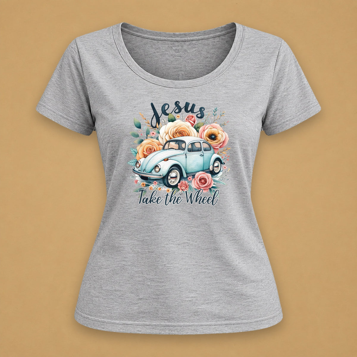 Jesus Take The Wheel Fitted Tee – Light Gray