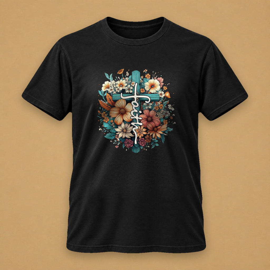 Faith Floral Cross Classic Tee – Black