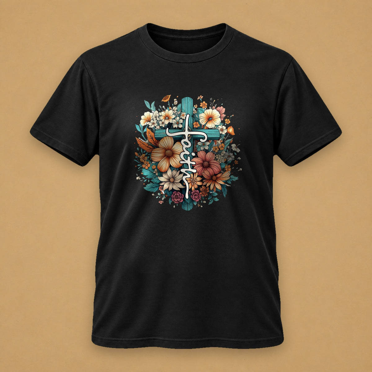 Faith Floral Cross Classic Tee – Black