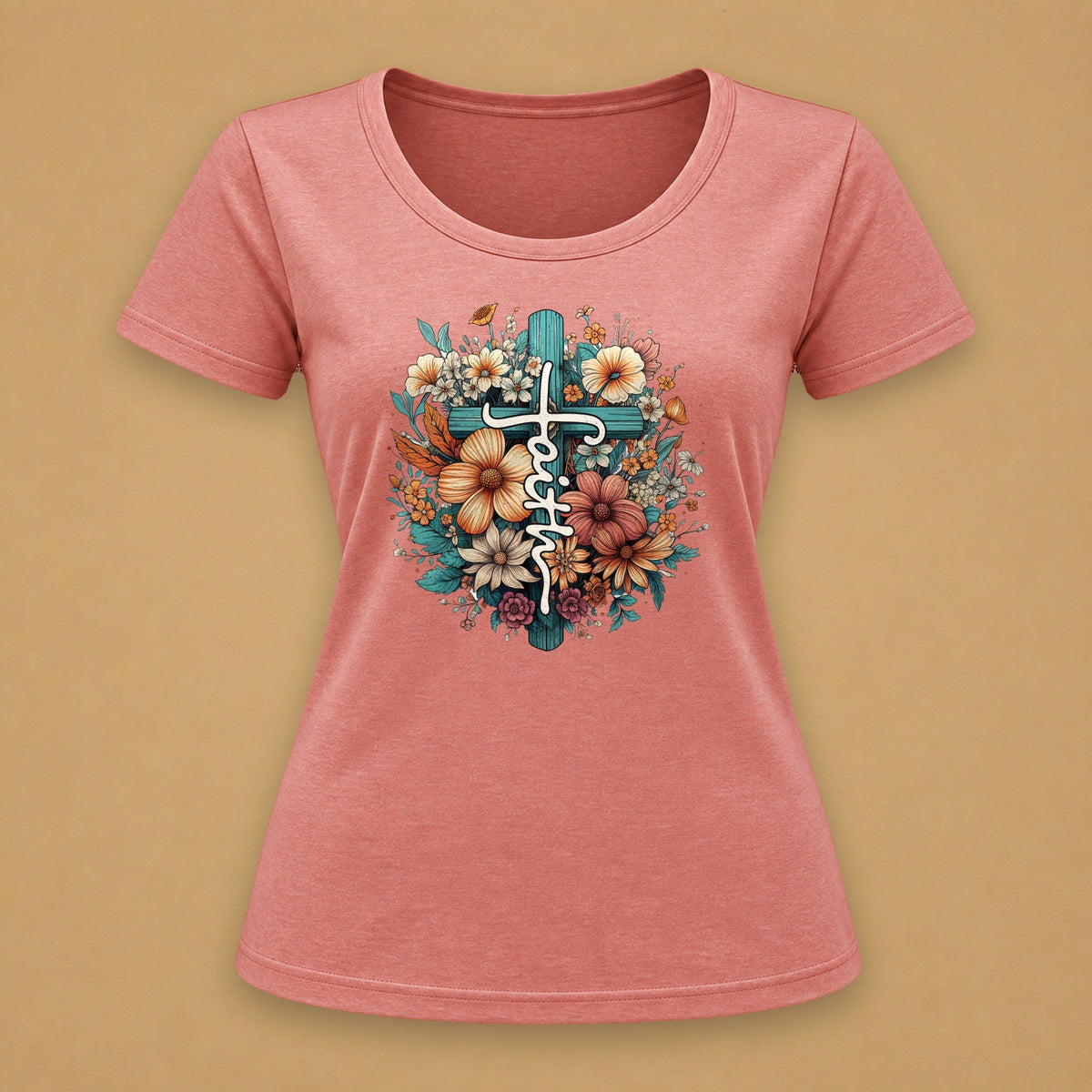 Faith Floral Cross Fitted Tee – Pink Melange