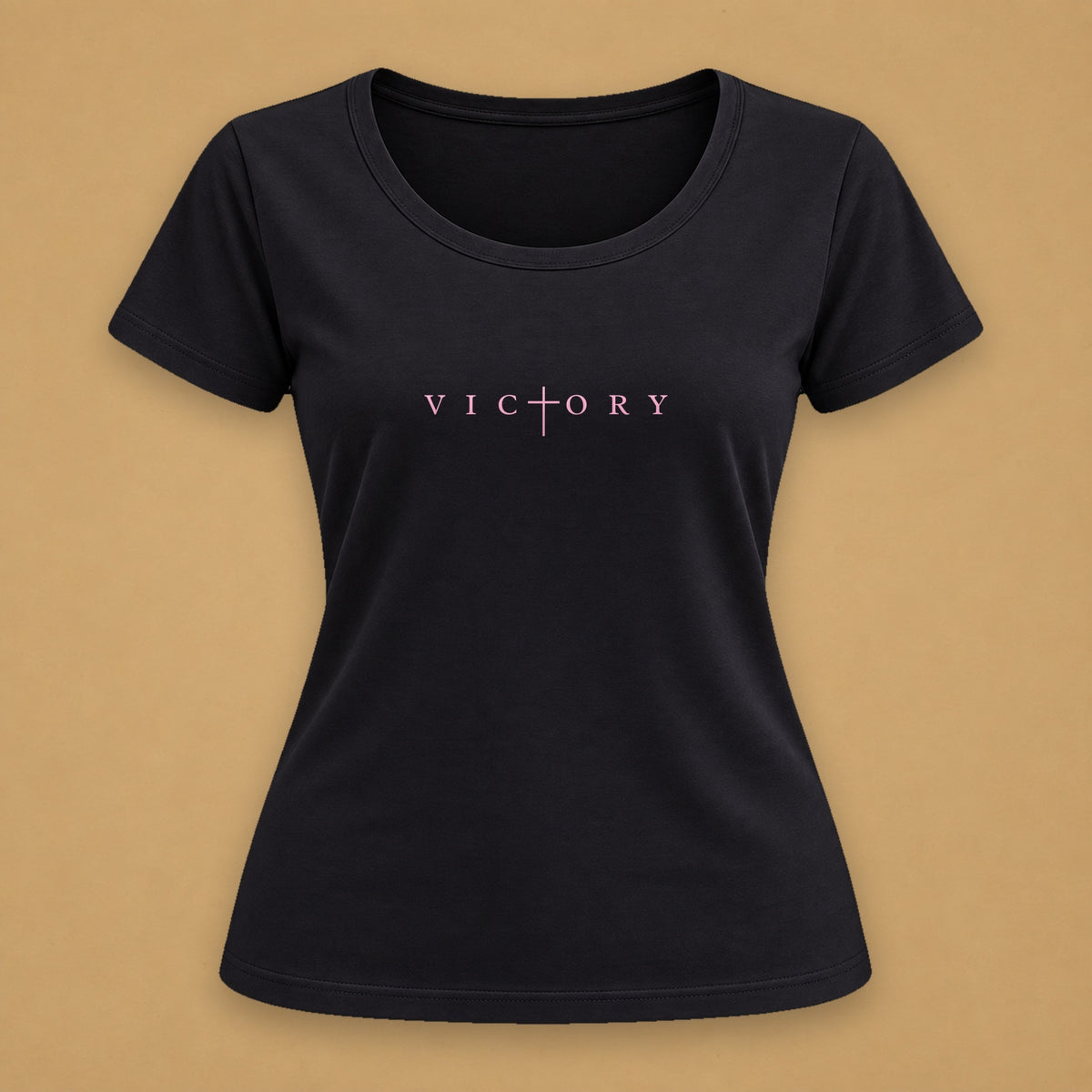 Victory in Pink Fitted T-Shirt – Black, baby pink print