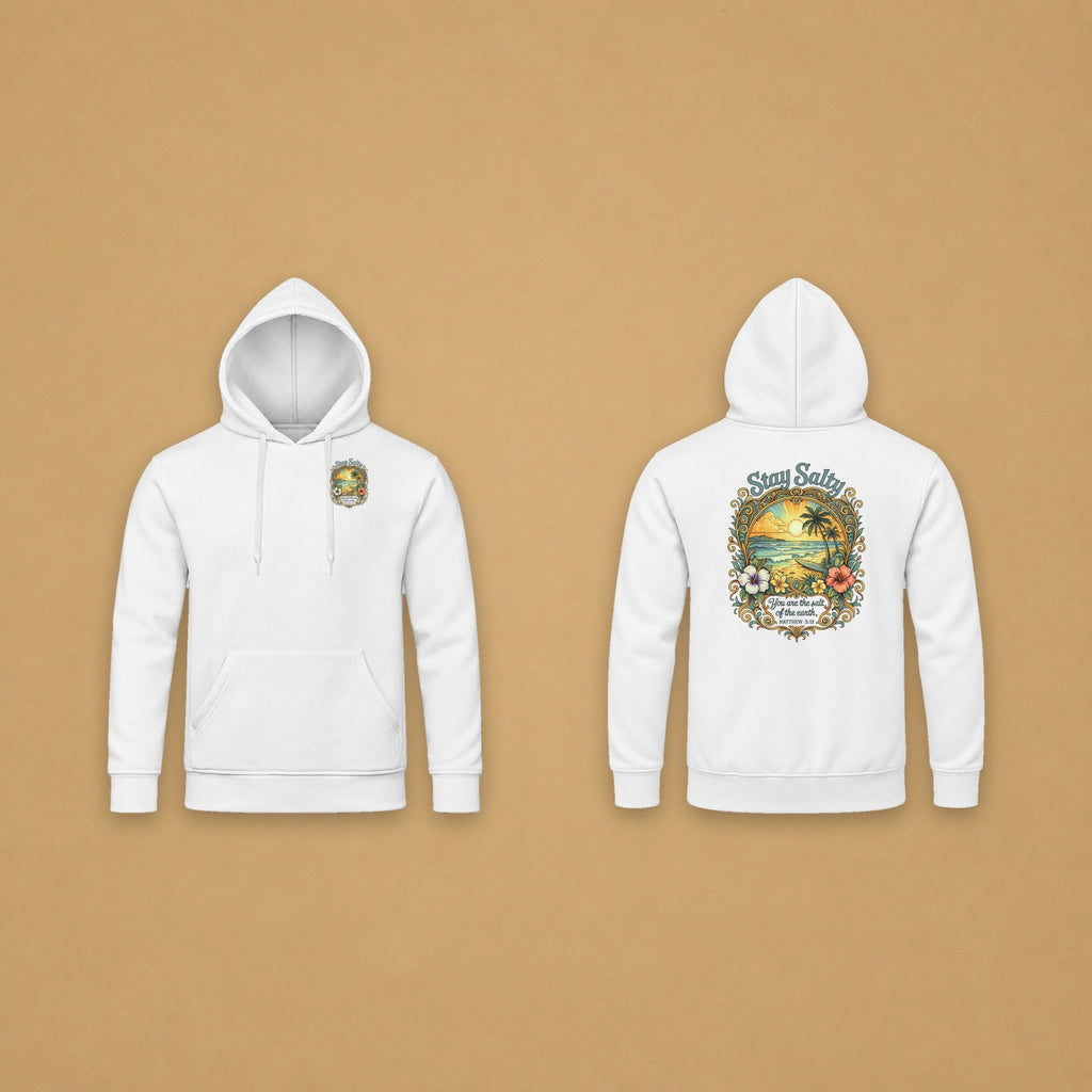 Stay Salty Hoodie – White – front and back