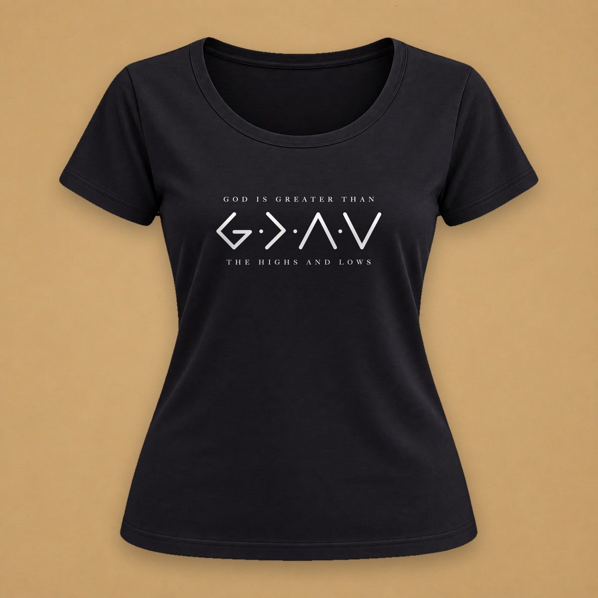 God Is Greater Fitted Tee – Black, white print